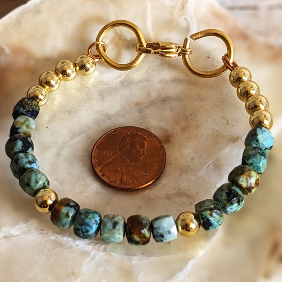 Natural African Turquoise & Gold Balls In Half And Half Beaded Bracelet - Picture 6 of 6